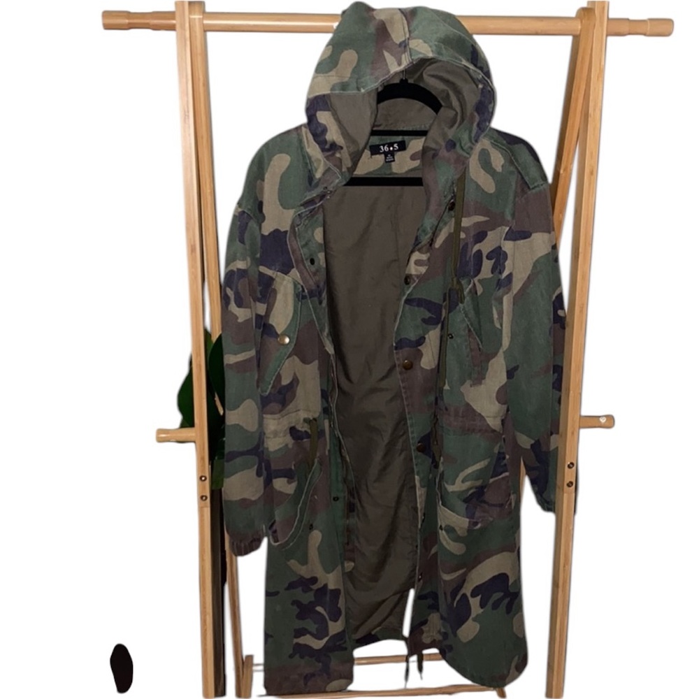 36.5 Camo Hoodie Trench Coat – Size M | Cinch Waist Hooded Parka